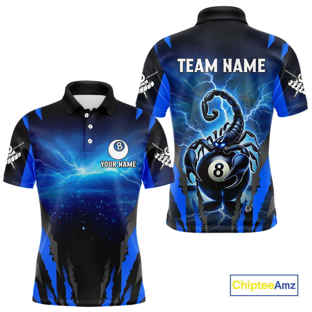 Personalized Thunder Lightning Scorpion Billiard Shirt For Men, 8 Ball Billiard Team Jerseys |Blue TDM4867