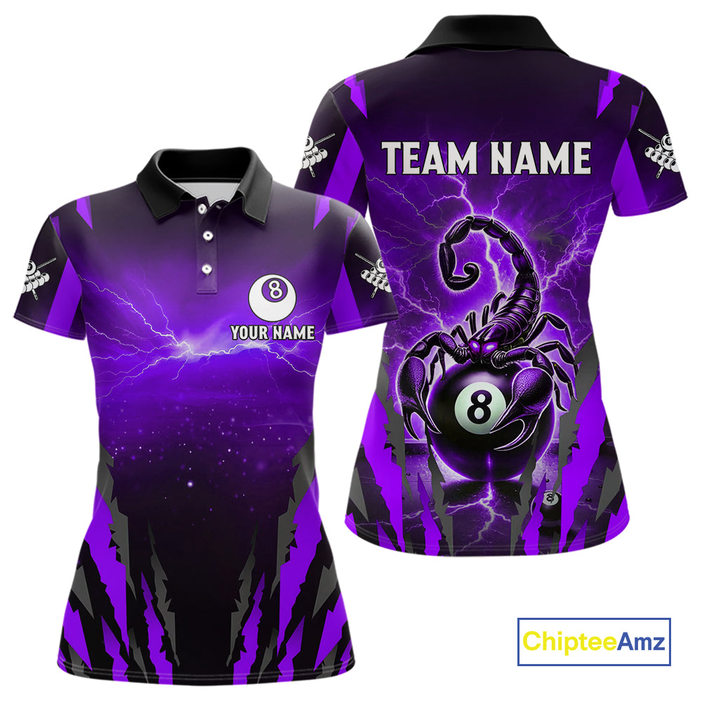 Personalized Thunder Lightning Scorpion Billiard Shirt For Women, 8 Ball Billiard Team Jersey|Purple TDM4868