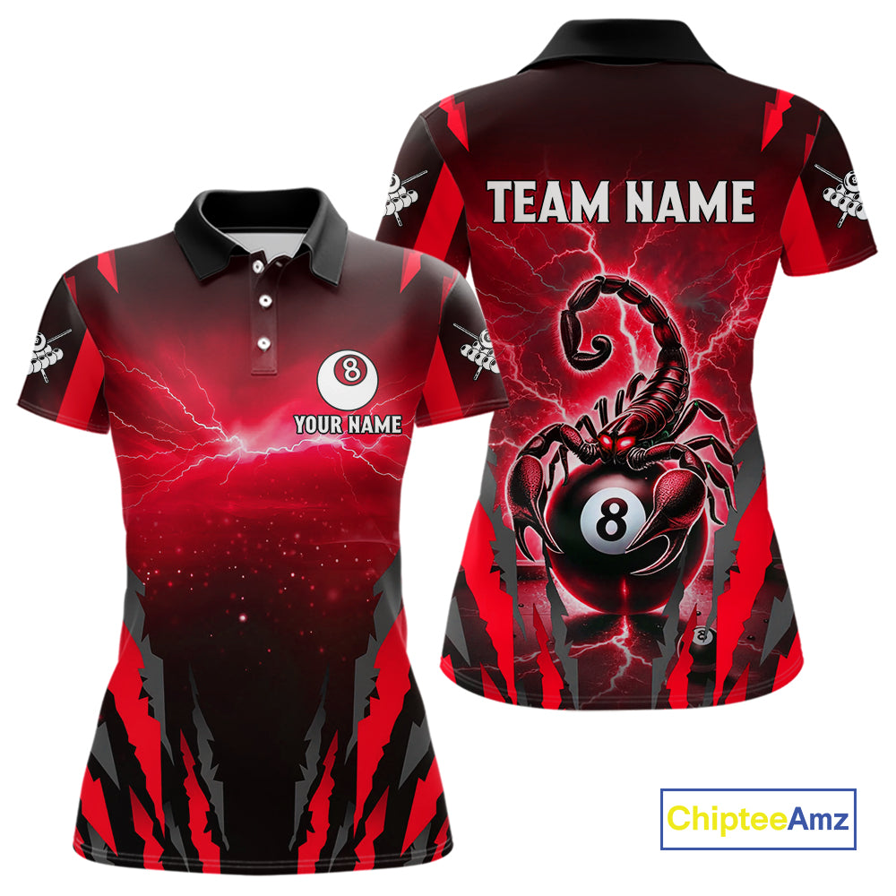 Personalized Thunder Lightning Scorpion Billiard Shirt For Women, 8 Ball Billiard Team Jerseys |Red TDM4869