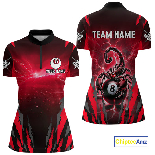 Personalized Thunder Lightning Scorpion Billiard Shirt For Women, 8 Ball Billiard Team Jerseys |Red TDM4869