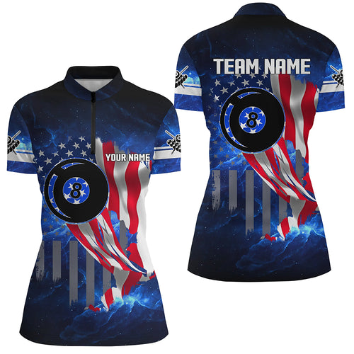 US Flag Blue Galaxy Custom Women Billiard Quarter-Zip Shirts, 8 Ball Pool Team League Shirts TDM0991