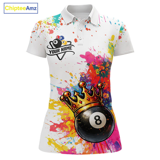 Colorful 8 Ball Crown Aim Shoot Swear Repeat Billiard Shirt For Women Custom Pool Team Jersey|White TDM5795