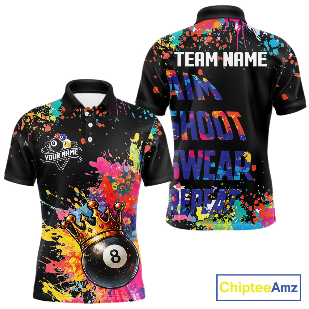 Colorful 8 Ball Crown Aim Shoot Swear Repeat Billiard Shirt For Men Custom Pool Team Jersey|Black TDM5796