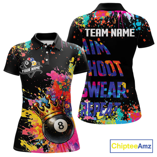 Colorful 8 Ball Crown Aim Shoot Swear Repeat Billiard Shirt For Women Custom Pool Team Jersey|Black TDM5796