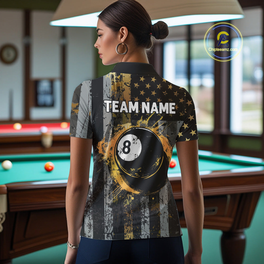 Custom Golden Grunge US Flag Patriotic Women's Billiard Shirt, 8 Ball Pool Jersey Polo & 1/4 Zip TDM6176