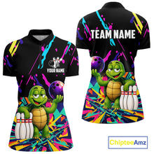 Load image into Gallery viewer, Colorful bowling quarter zip shirt with turtle design and customizable your name &amp; team name