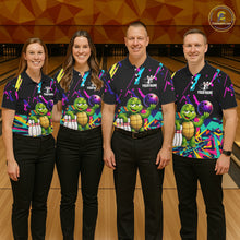 Load image into Gallery viewer, Four people wearing matching bowling-themed shirts with turtle graphic in a bowling alley.