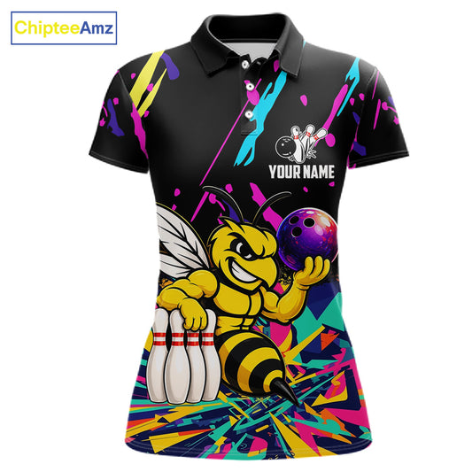 Colorful bowling polo shirt with bee design and customizable your name & team name