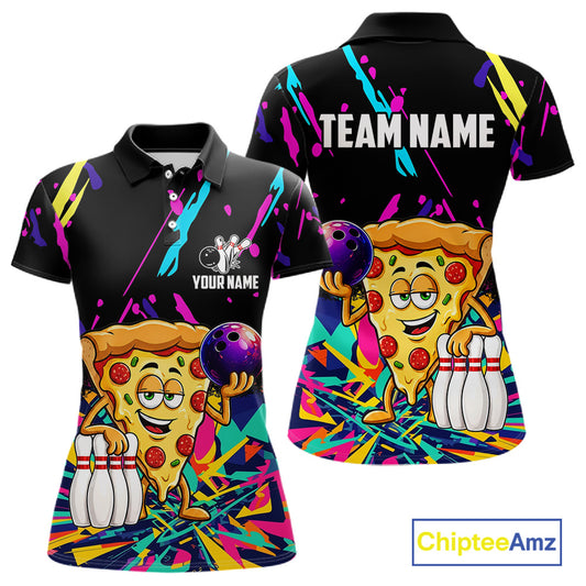 Colorful bowling polo shirt with pizza design and customizable your name & team name