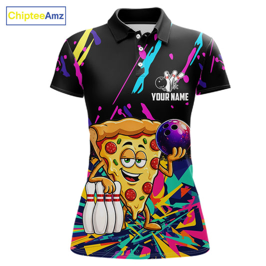 Colorful bowling polo shirt with pizza design and customizable your name & team name