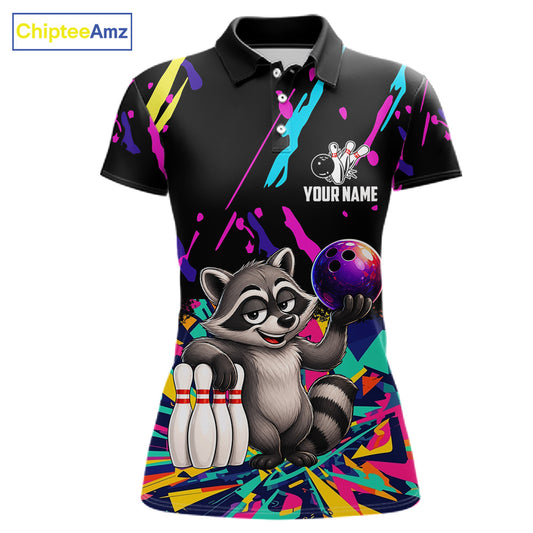 Colorful bowling polo shirt with raccoon design and customizable your name & team name