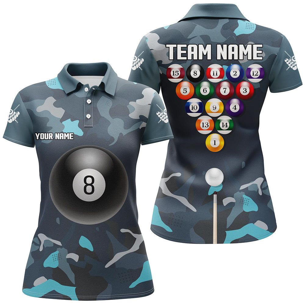 Abstract Blue Camo Billiard Balls Pool Shirts For Women Custom Billiard Jerseys, Billiard Team Shirts TDM2589