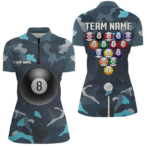 Abstract Blue Camo Billiard Balls Pool Shirts For Women Custom Billiard Jerseys, Billiard Team Shirts TDM2589