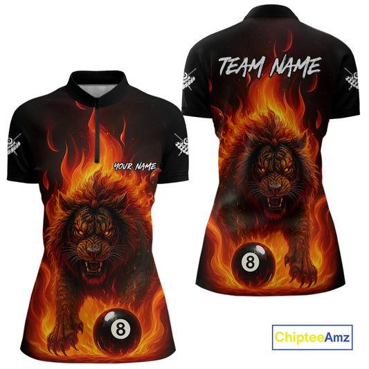 Orange Flaming Lion 8 Ball Billiard Shirts For Women Custom Fire Billiard Team Jersey Polo & 1/4 Zip TDM5305