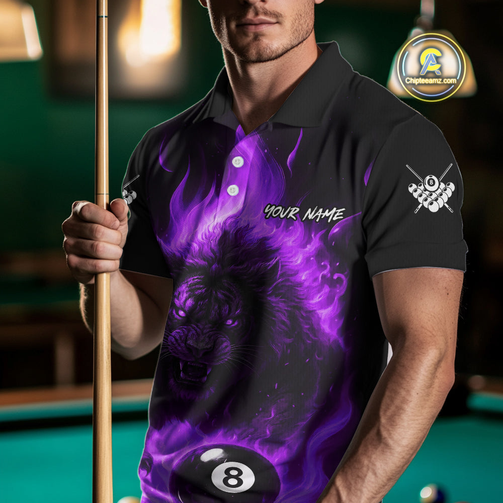 Purple Flaming Lion 8 Ball Billiard Shirts For Men Custom Fire Billiard Team Jersey Polo & 1/4 Zip TDM5307