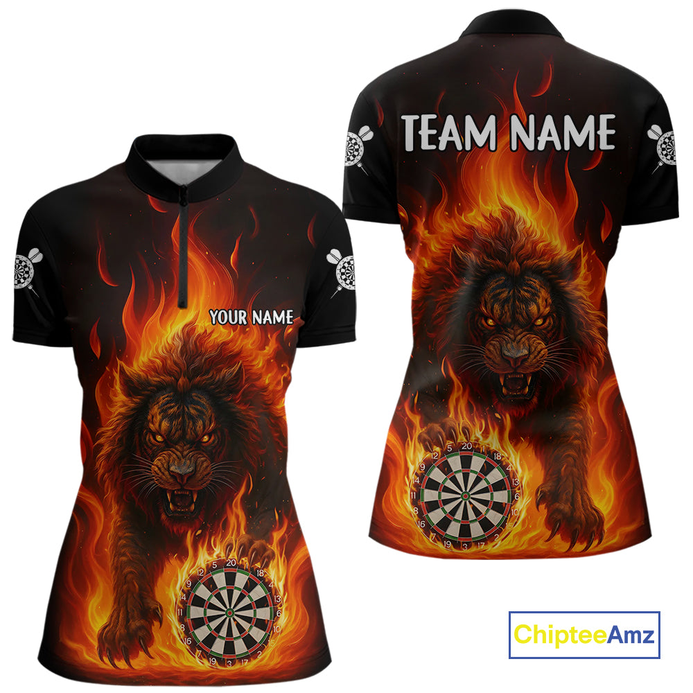 Orange Flaming Lion Darts Shirts For Women Custom Fire Darts League Jersey Team Polo & 1/4 Zip TDM5308