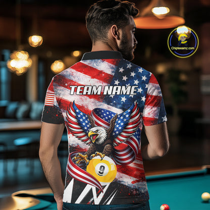 Custom American Flag Eagle Billiard Shirt For Men, Patriotic 9 Ball Pool Team Jersey Polo, 1/4 Zip TDM6182