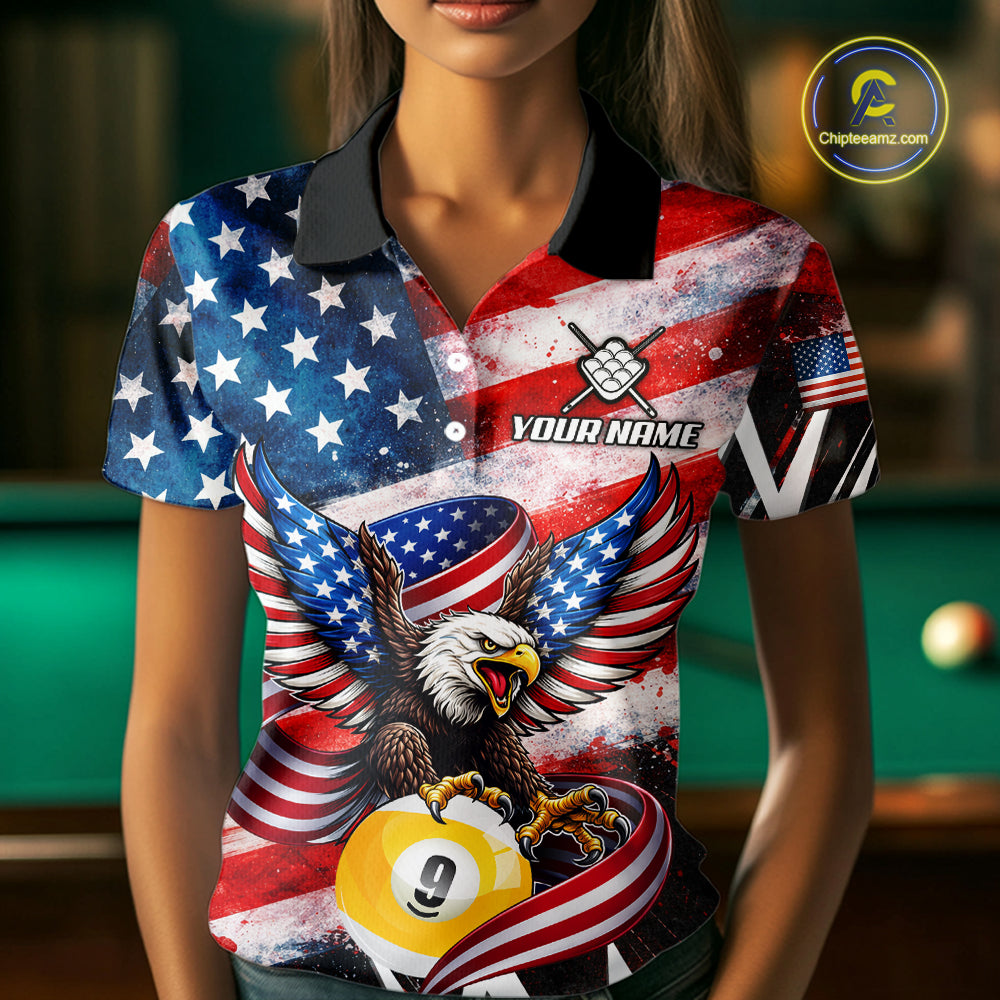 Custom American Flag Eagle Billiard Shirt For Women, Patriotic 9 Ball Pool Team Jersey Polo, 1/4 Zip TDM6182