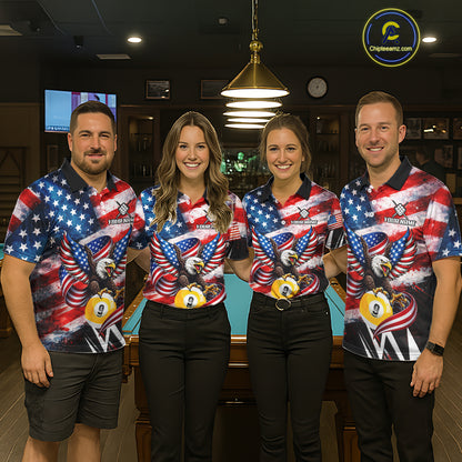 Custom American Flag Eagle Billiard Shirt For Men, Patriotic 9 Ball Pool Team Jersey Polo, 1/4 Zip TDM6182
