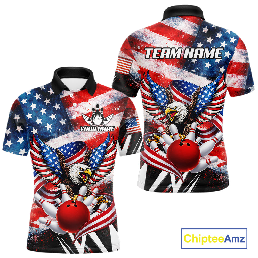 Custom American Flag Eagle Bowling Jersey For Men, Patriotic Bowling Team Shirt Polo & 1/4 Zip TDM6183