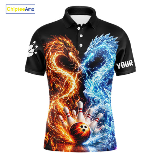 Personalized Fire And Icy Dragon Bowling Shirt For Men, Lightning Bowling Jersey Polo & 1/4 Zip TDM6185
