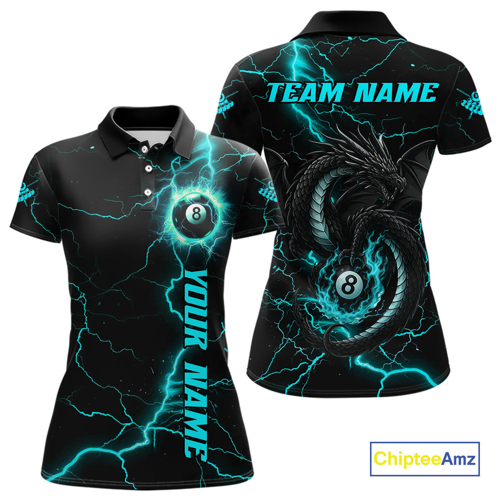 Black And Turquoise 8 Ball Lightning Custom Dragon Women's Billiard Shirts, Billiard Team Jerseys TDM4072