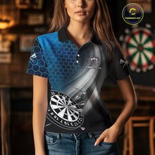 Load image into Gallery viewer, Custom Women&#39;s Dart Shirt – Black Blue Hexagon Design Darts Team Jersey | Polo &amp; Quarter Zip Uniform TDM4074