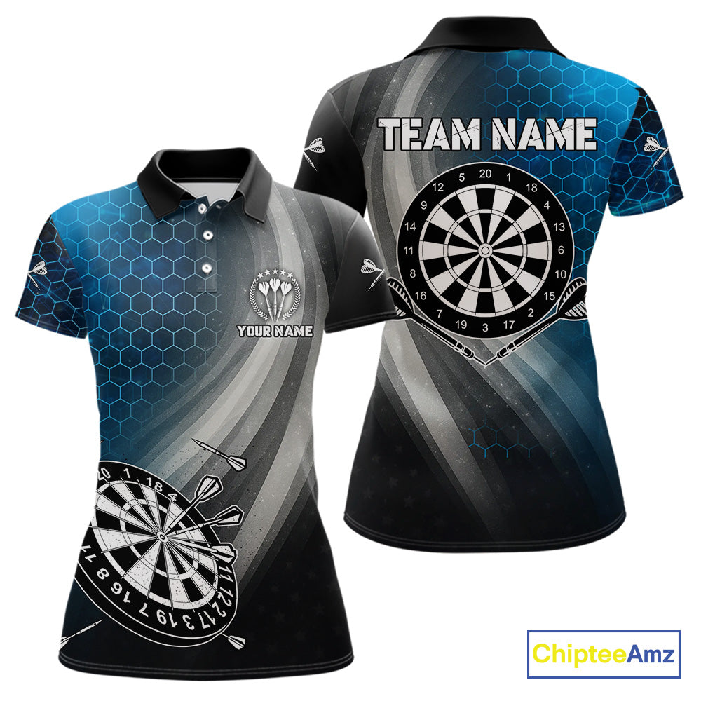 Custom Women's Dart Shirt – Black Blue Hexagon Design Darts Team Jersey | Polo & Quarter Zip Uniform TDM4074