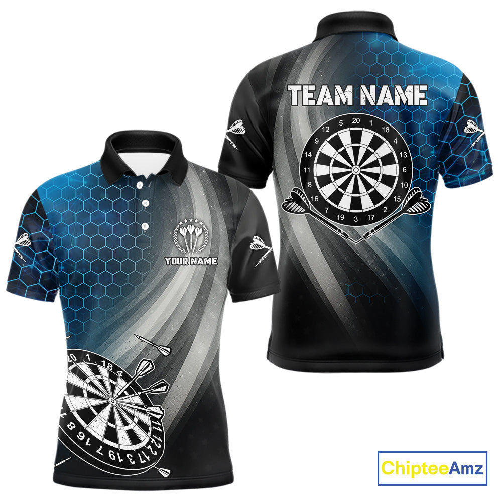 Custom Men's Dart Shirt – Black Blue Hexagon Design Darts Team Jersey | Polo & Quarter Zip Uniform TDM4074