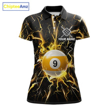 Load image into Gallery viewer, Black polo shirt with yellow lightning design and 9 ball graphic, customizable name and team name