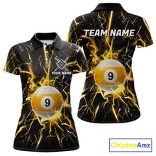 Load image into Gallery viewer, Black polo shirt with yellow lightning design and 9 ball graphic, customizable name and team name