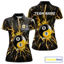 Load image into Gallery viewer, Black polo shirt with yellow lightning design and 8 ball 9 ball graphic, customizable name and team name