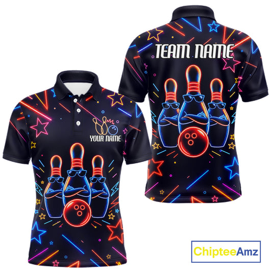 Blue funny neon bowling team polo shirt for men with vibrant neon bowling graphics.