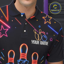 Load image into Gallery viewer, Close up of collar, chest and button details on a blue funny neon men's bowling polo shirt.