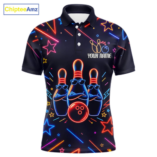 Blue funny neon custom bowling polo shirt for men, personalized bowling team jersey for league tournaments.