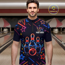 Load image into Gallery viewer, Man wearing a blue funny neon quarter zip bowling shirt front view, personalized bowling team apparel.
