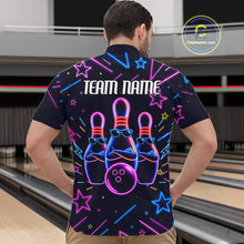 Load image into Gallery viewer, Back view of man wearing a purple funny neon quarter zip bowling shirt, bowling league team uniform.