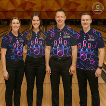 Load image into Gallery viewer, Bowling team wearing matching purple funny neon custom bowling jerseys front view.