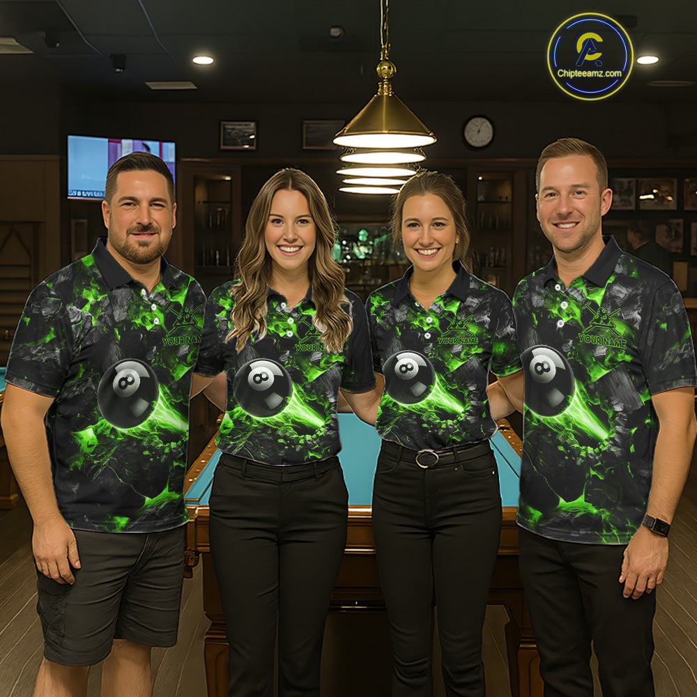 Pool Team Wearing Personalized Green 8 Ball 9 Ball Fire Billiard Jerseys During League Competition and Tournament Matches, Front View