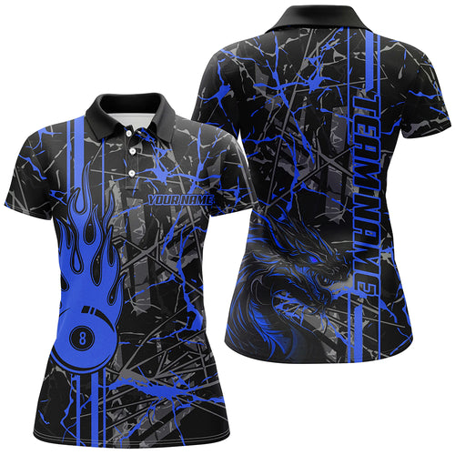 Blue Grunge Billiard Jerseys For Women Custom Fire Flame 8 Ball Dragon Team League Billiard Shirts TDM2601