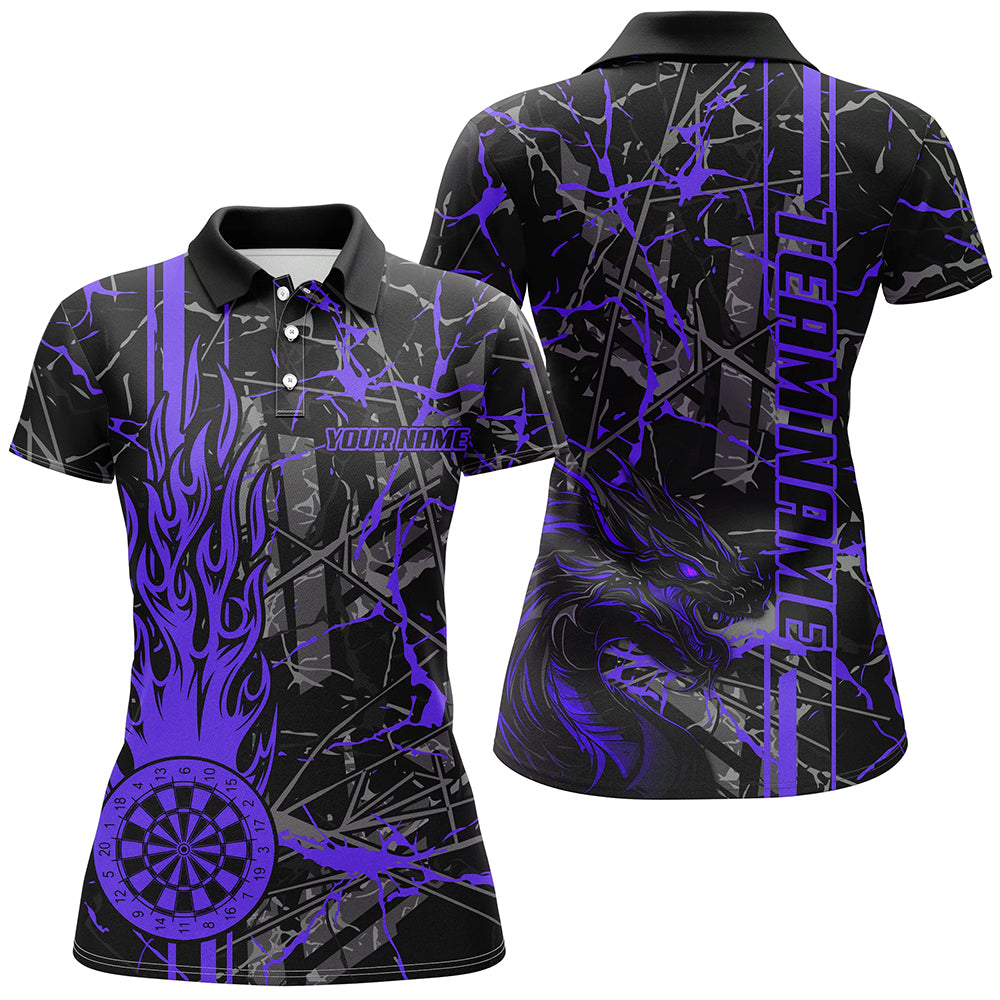 Purple Grunge Dart Jerseys For Women, Fire Flame Dart Board Custom Name Dragon Darts League Shirts TDM2605