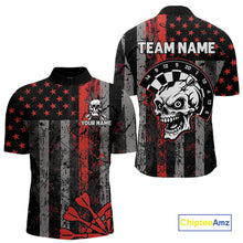 Load image into Gallery viewer, Personalized Red Grunge US Flag Skull Darts Shirt For Men Custom Patriotic Darts Team Jersey TDM4882