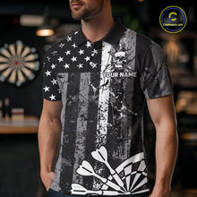 Load image into Gallery viewer, Personalized White Black Grunge US Flag Skull Darts Shirt For Men Custom Patriotic Darts Jersey TDM4883