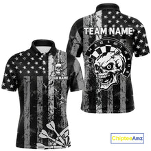 Load image into Gallery viewer, Personalized White Black Grunge US Flag Skull Darts Shirt For Men Custom Patriotic Darts Jersey TDM4883
