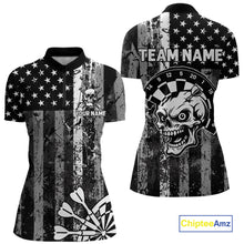 Load image into Gallery viewer, Personalized White Black Grunge US Flag Skull Darts Shirt For Women Custom Patriotic Darts Jersey TDM4883