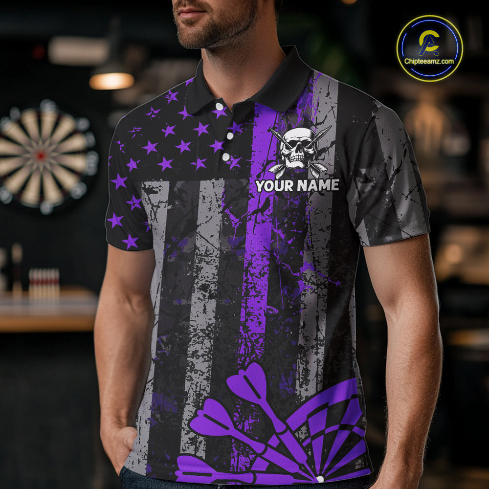 Personalized Purple Grunge US Flag Skull Darts Shirt For Men Custom Patriotic Darts Team Jersey TDM4884