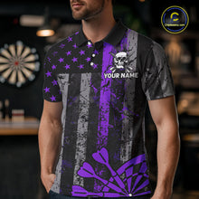 Load image into Gallery viewer, Personalized Purple Grunge US Flag Skull Darts Shirt For Men Custom Patriotic Darts Team Jersey TDM4884