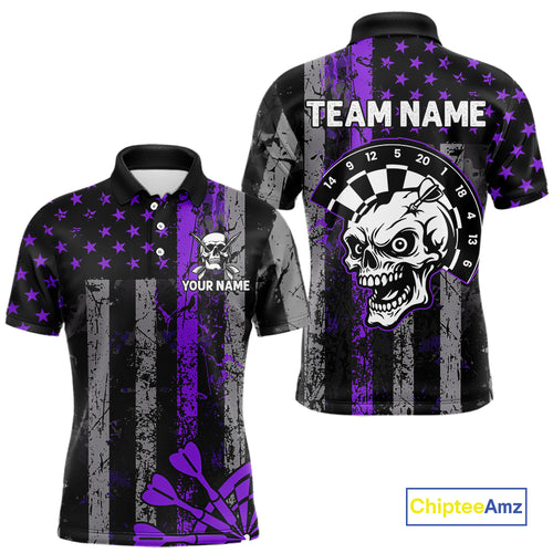 Personalized Purple Grunge US Flag Skull Darts Shirt For Men Custom Patriotic Darts Team Jersey TDM4884