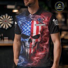 Load image into Gallery viewer, Custom American Flag Smoke Skull Darts Shirt For Men, Patriotic Darts Team Jersey Polo &amp; 1/4 Zip TDM5811