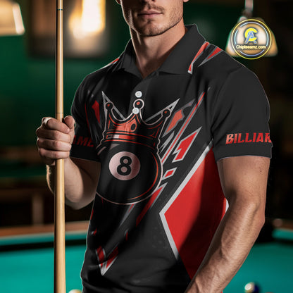 Customized 8 Ball Pool Crown Men Billiard Shirts, Red And Black Billiard Team Shirts, Pool Jersey TDM4079